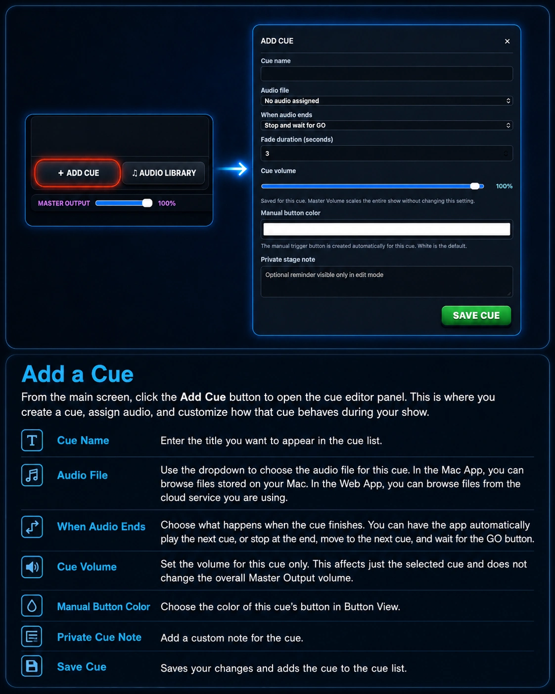 Diamond Audio Cue Add Cue editor and cue setup guide