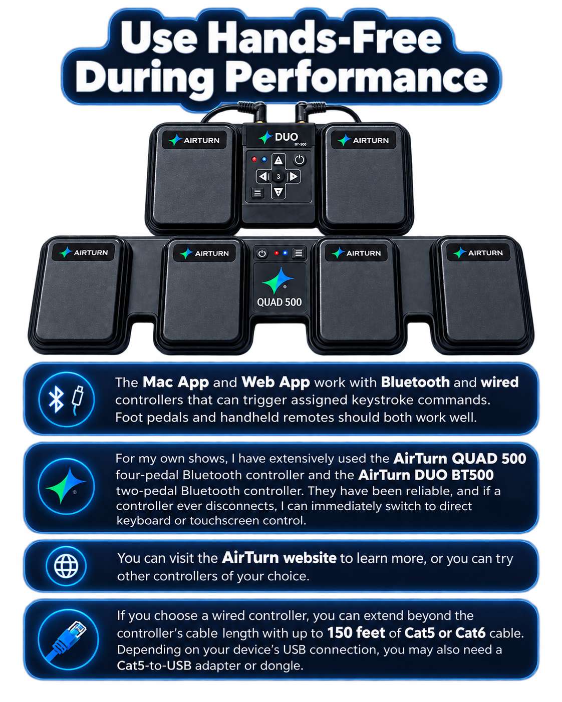 Use hands-free during performance with AirTurn Bluetooth and wired foot controllers in Diamond Audio Cue