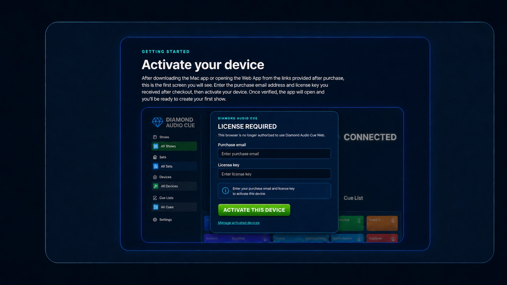 Diamond Audio Cue opening activation screen