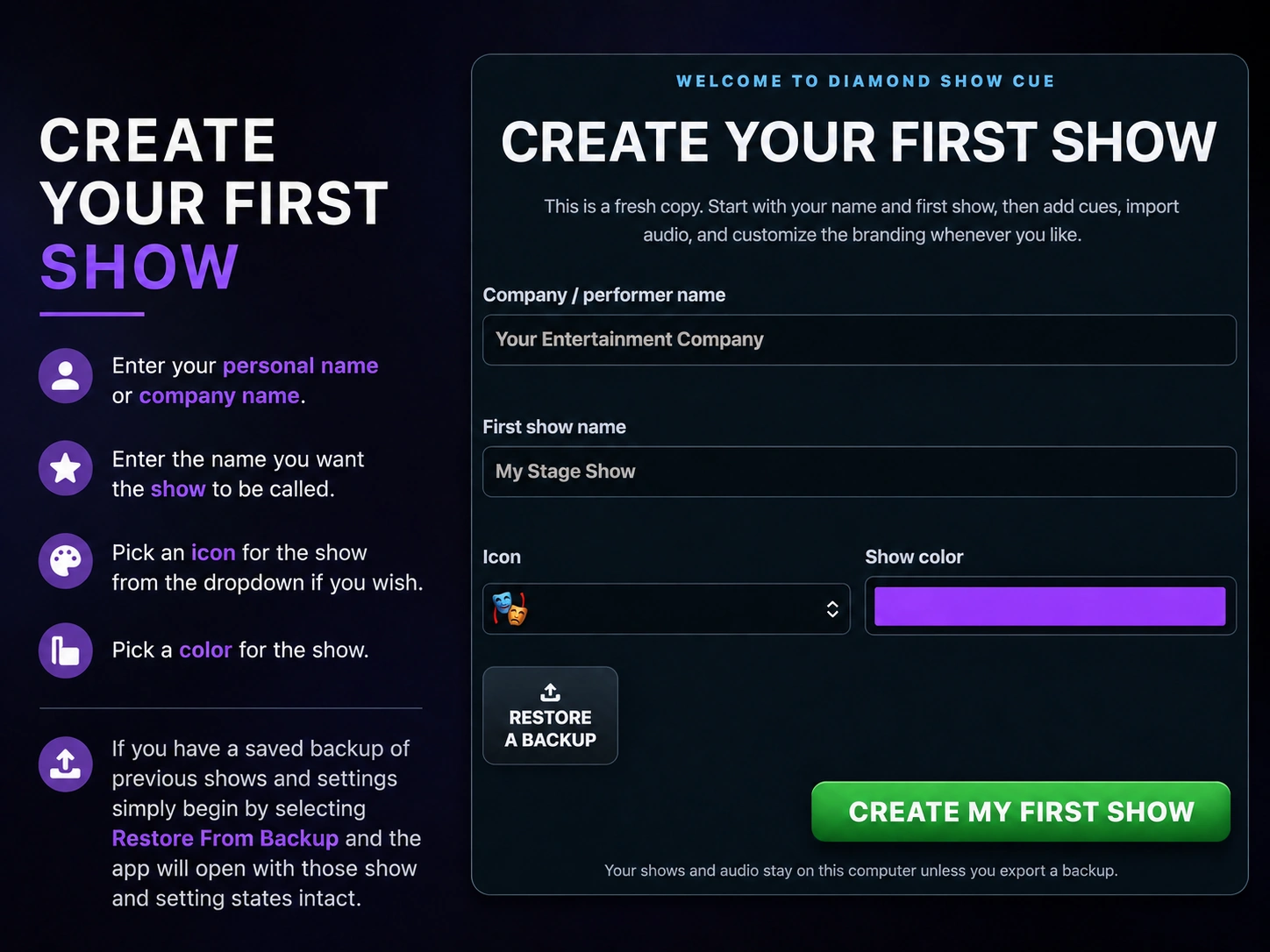 Diamond Audio Cue getting started step showing how to create your first show and restore a backup
