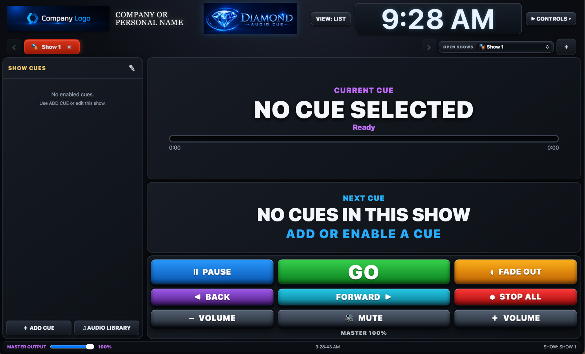 Diamond Audio Cue List View after creating and opening a show