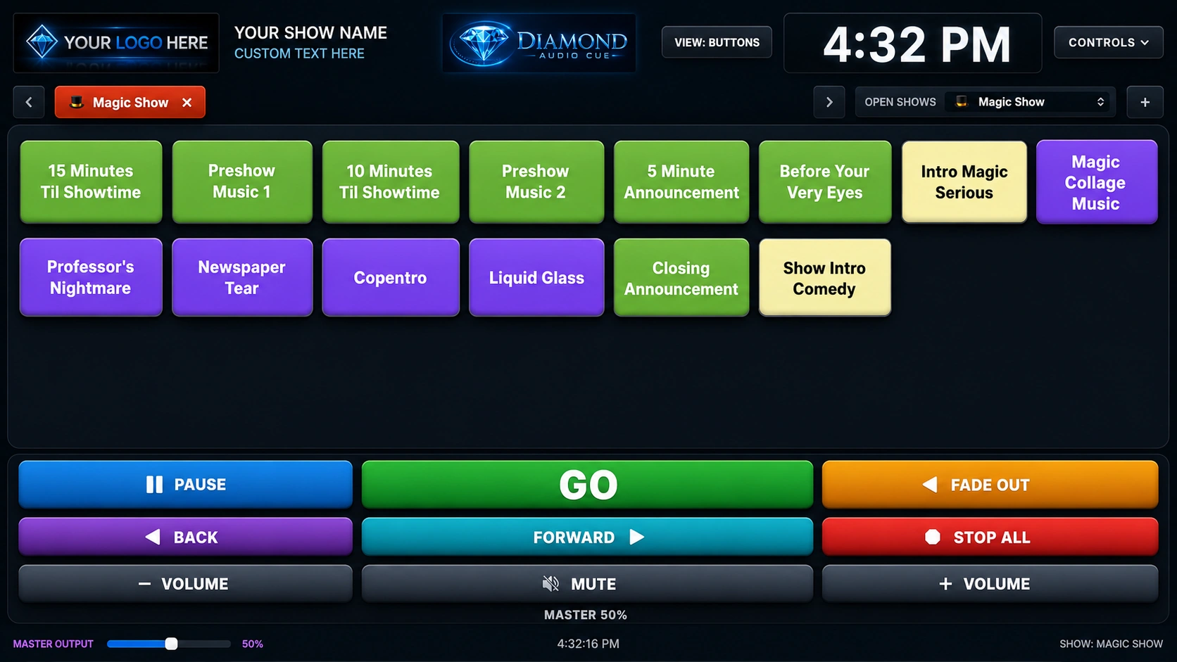 Diamond Audio Cue Button View showing cue buttons for a show