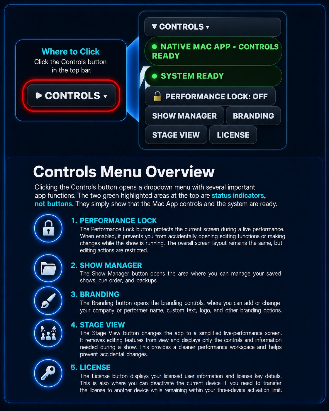 Diamond Audio Cue Controls menu overview with Controls button highlighted