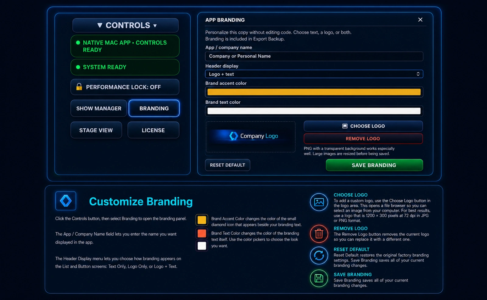 Diamond Audio Cue branding controls and customization guide