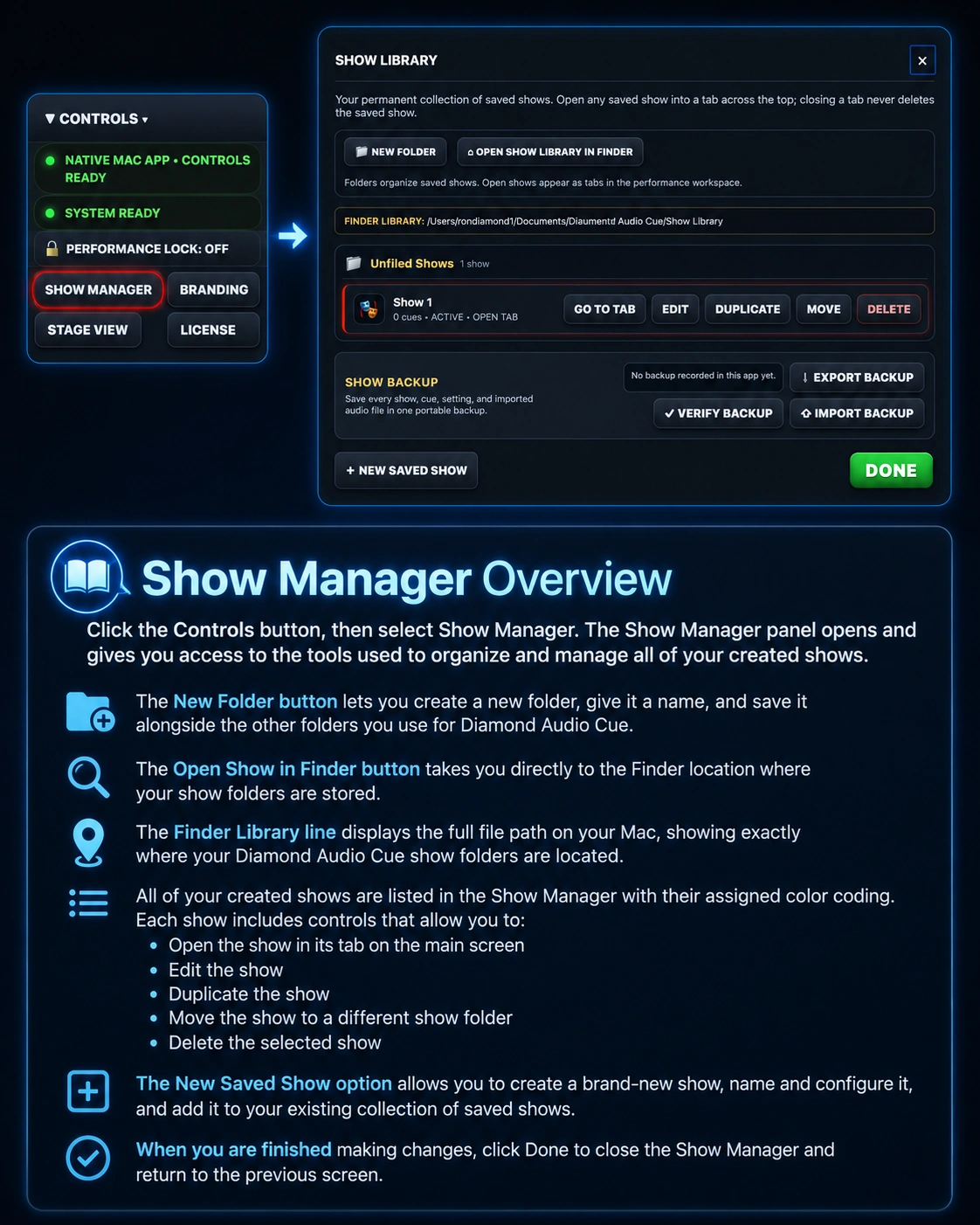 Diamond Audio Cue Show Manager overview and show library guide